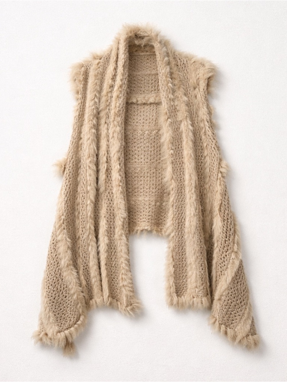 Beige Open-Knit Vest – Real Dyed Rabbit Fur Trim Layering Piece